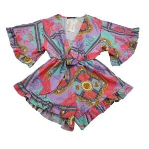 Stylewise Romper Womens M Pink Purple Green Printed Vneck One piece Casual Wear